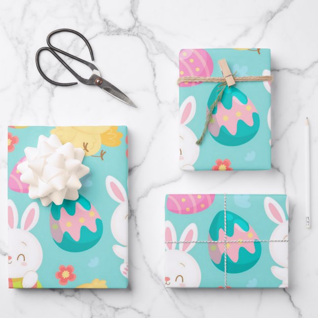 Happy Easter Rabbit And Chicken Wrapping Paper Sheets (Front)