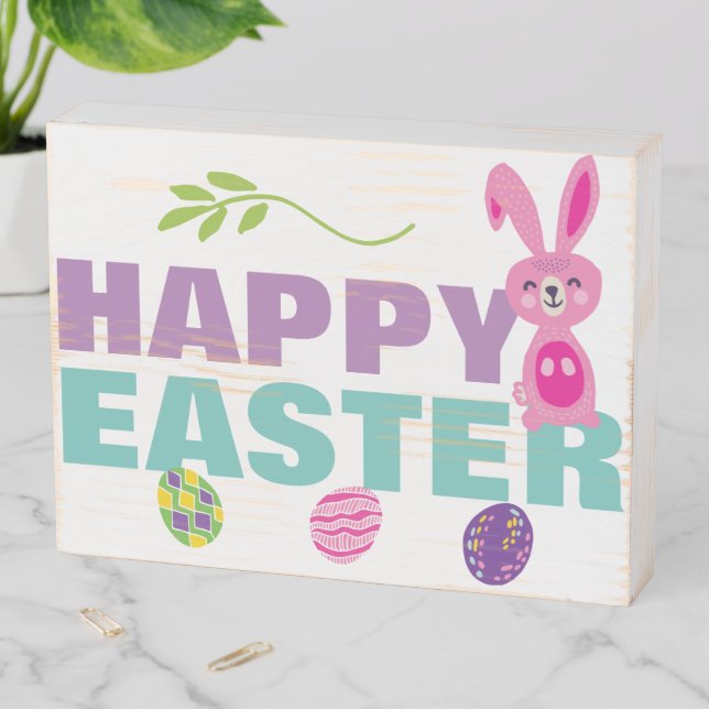 Happy Easter Rabbit And Eggs Wooden Box Sign (In Situ Horizontal)
