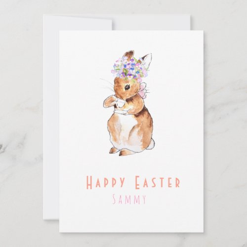 Happy Easter rabbit and flower greeting card 