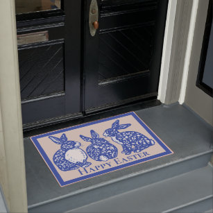 Happy Easter Rabbit Bunny Blue White Delft Dedham Doormat