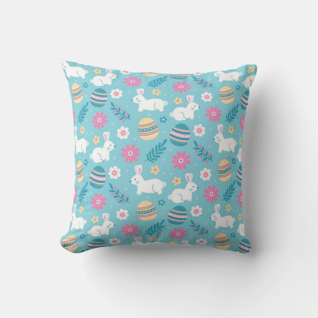 Happy Easter Rabbit Floral Throw Pillow (Front)