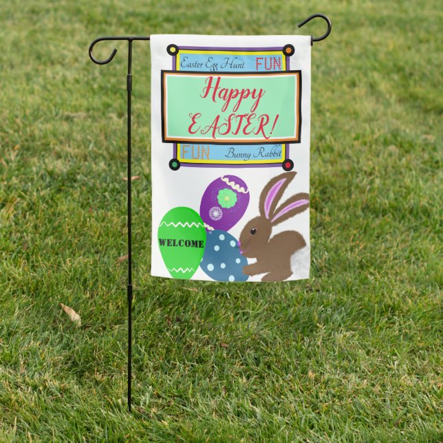 Happy Easter Rabbit Reversible Yellow Chick Egg Garden Flag (In SItu)