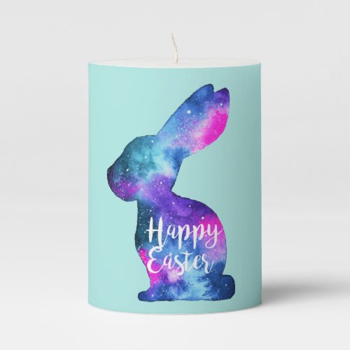 Happy Easter Rabbit Silhouette Watercolor Galaxy Pillar Candle