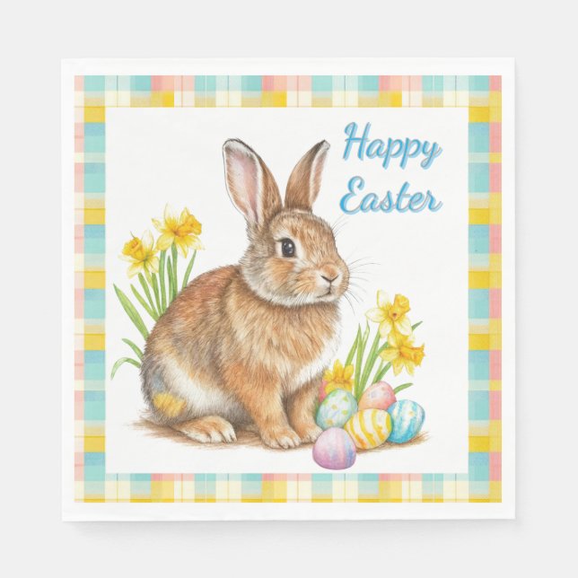 Happy Easter Rabbit Spring Plaid  Napkins (Front)