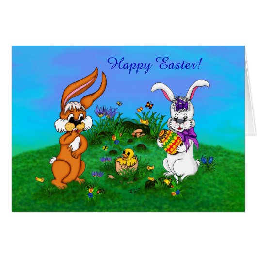 Happy Easter! Rabbit with Bunny and Chick Cards (Front Horizontal)
