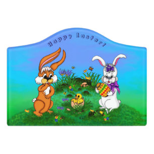 Happy Easter! Rabbit with Bunny and Chick Door Sign