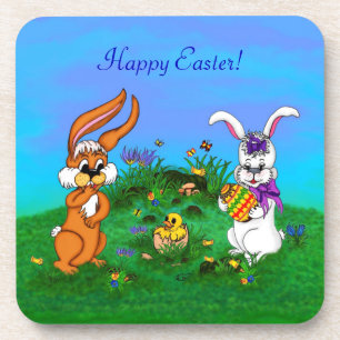 Happy Easter! Rabbit with Bunny and Chick Drink Coaster