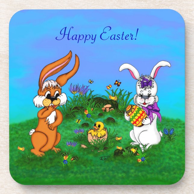 Happy Easter! Rabbit with Bunny and Chick Drink Coaster (Front)