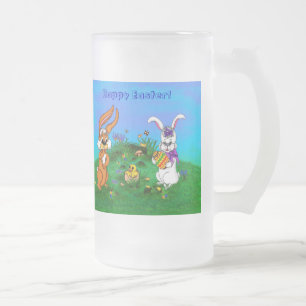Happy Easter! Rabbit with Bunny and Chick Frosted Glass Beer Mug