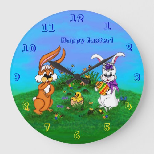 Happy Easter Rabbit with Bunny and Chick Large Clock