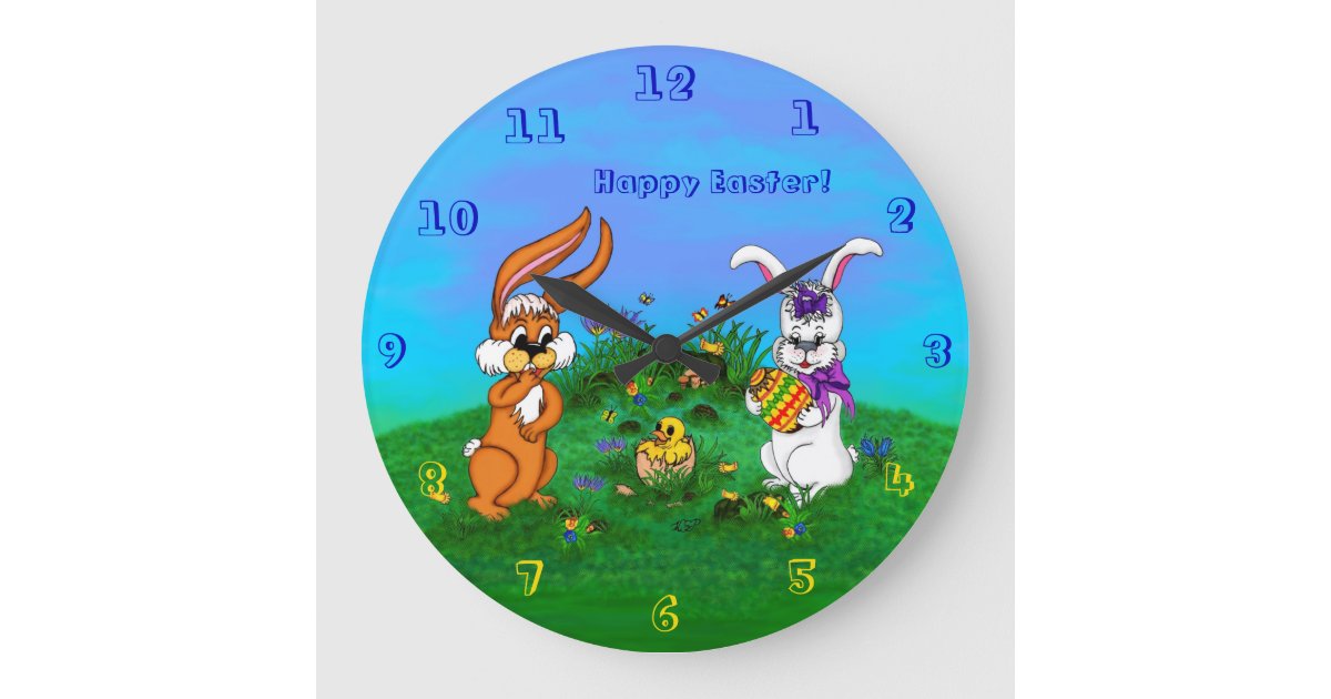 Eastern Rabbit Clock Happy Easter! Rabbit with Bunny and Chick Large Clock | Zazzle