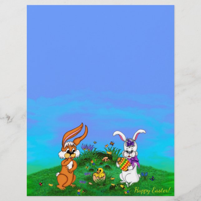 Happy Easter! Rabbit with Bunny and Chick Letterhe Letterhead (Front)
