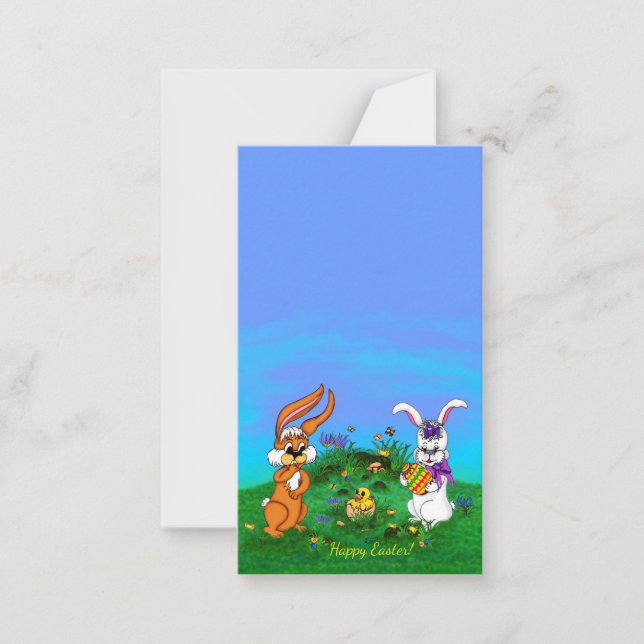 Happy Easter! Rabbit with Bunny and Chick Note Card (Front)