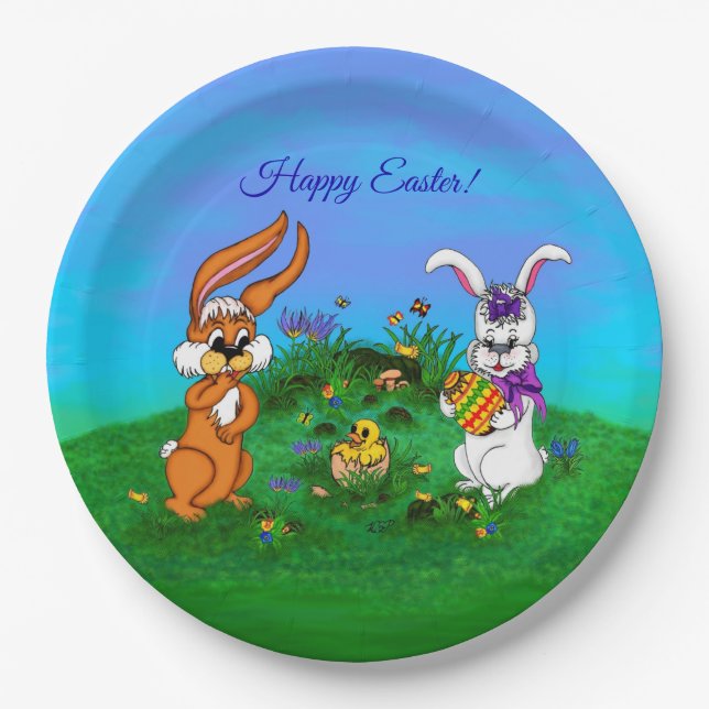 Happy Easter! Rabbit with Bunny and Chick Paper Plates (Front)