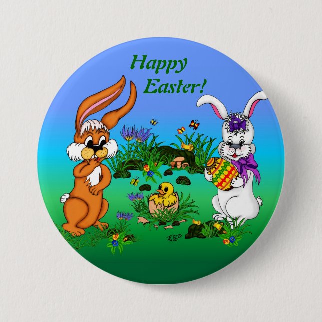 Happy Easter! Rabbit with Bunny and Chick Pinback Button (Front)