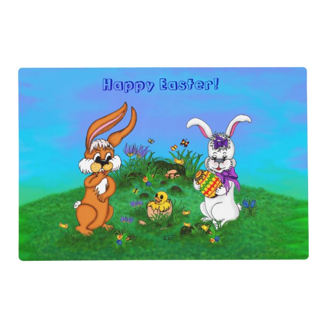 Happy Easter! Rabbit with Bunny and Chick Placemat (Front)
