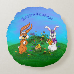 Happy Easter! Rabbit with Bunny and Chick Round Pillow