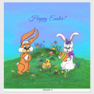 Happy Easter! Rabbit with Bunny and Chick Sticker