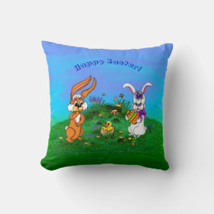 Happy Easter! Rabbit with Bunny and Chick Throw Pillow