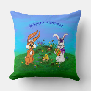 Happy Easter! Rabbit with Bunny and Chick Throw Pillow
