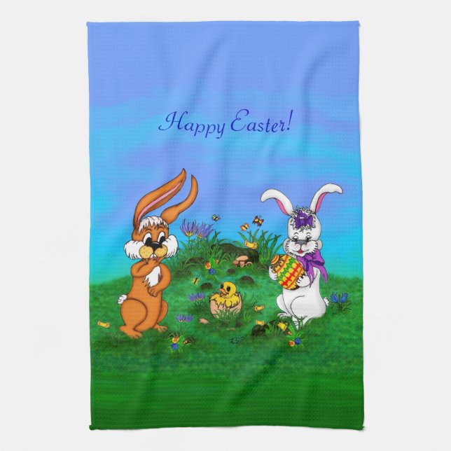 Happy Easter! Rabbit with Bunny and Chick Towel (Vertical)