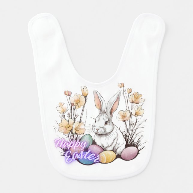 Happy Easter Rabbit With Eggs Baby Bib (Front)