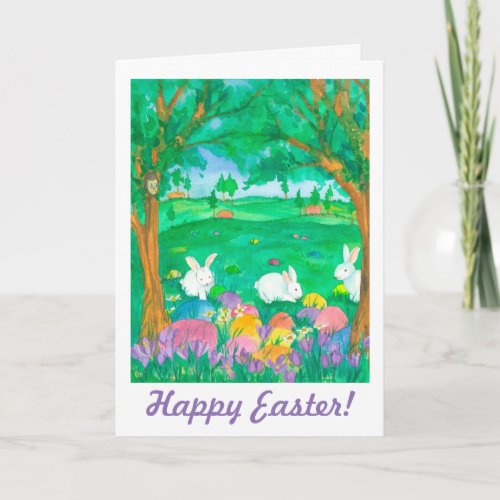 Happy Easter Rabbits Eggs Crocus Flowers Holiday Card