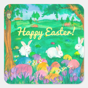 Happy Easter Rabbits Square Sticker