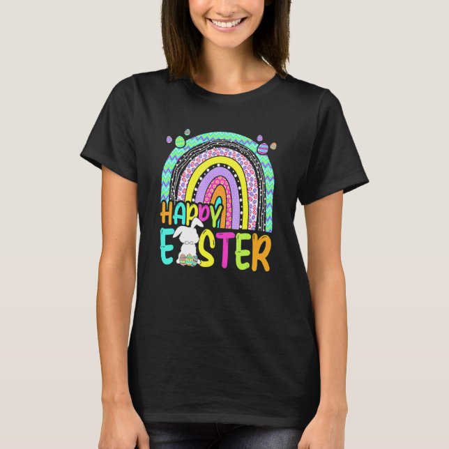 Happy Easter Rainbow Bunny Rabbit Egg Hunting Bask T-Shirt (Front)