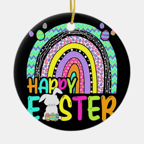 Happy Easter Rainbow Bunny Rabbit Egg Hunting Ceramic Ornament