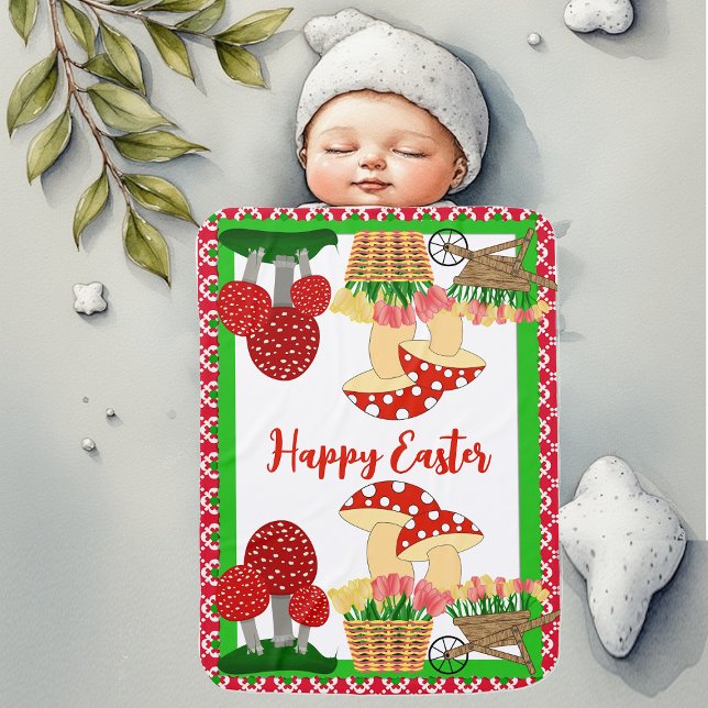 Happy Easter Red Toadstools Garden Tulips Spring  Baby Blanket (Happy Easter Red Toadstools Garden Tulips Spring Baby Blanket)