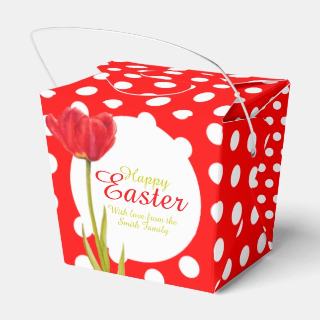 Happy Easter red tulip polka dot gift favors box (Back Side)