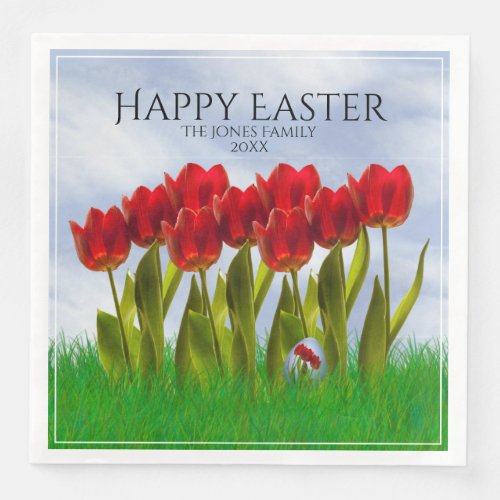 Happy Easter Red Tulips Floral Photography Egg Paper Dinner Napkins