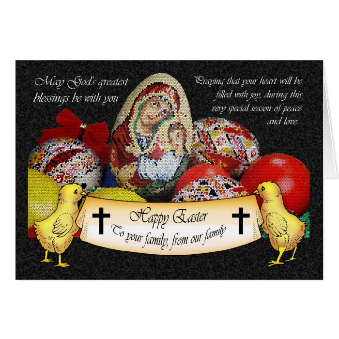 Happy Easter Religious card with chicks and Mary w