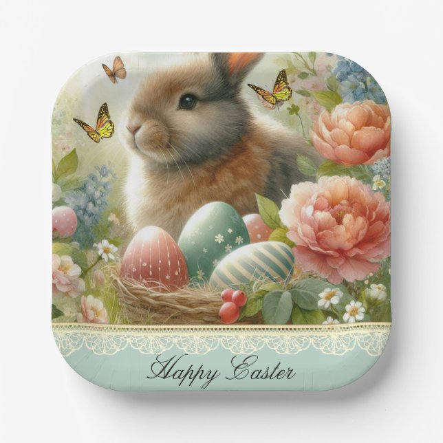 Happy Easter Retro Bunny Rabbit Paper Plate (Front)