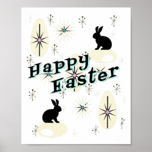 Happy Easter Retro Mid Century Modern Style Bunny Poster