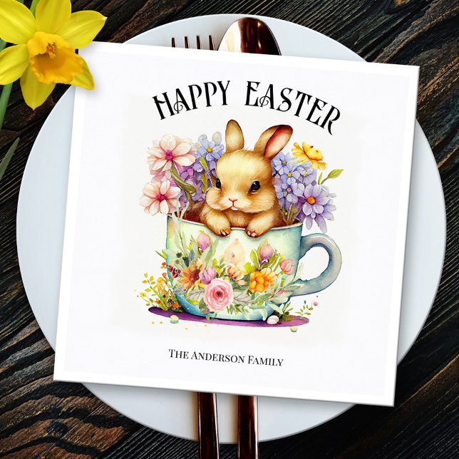 Happy Easter Retro Watercolor Bunny Napkins (Paper napkins featuring a retro watercolor painting of an Easter bunny with flowers)
