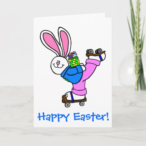 Happy Easter Roller Skating Bunny with eggs Holiday Card