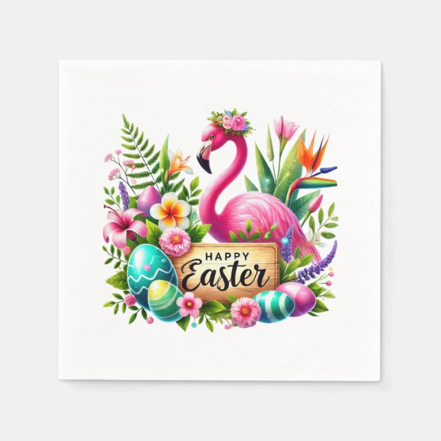 Happy Easter rooster pink flamingo beach  Paper Napkins (Front)