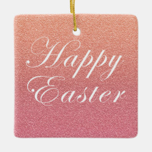 Happy Easter Rose Gold Pink Sparkle Glitter Style Ceramic Ornament
