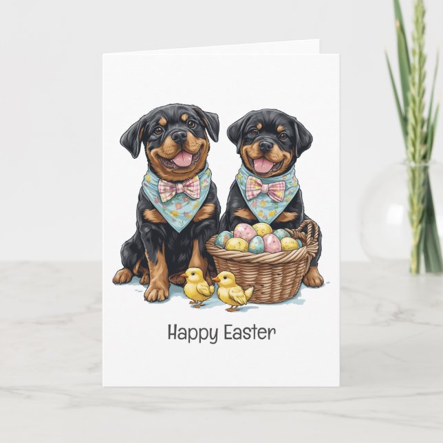 Happy Easter Rottweiler Dogs Easter Basket Holiday Card (Front)