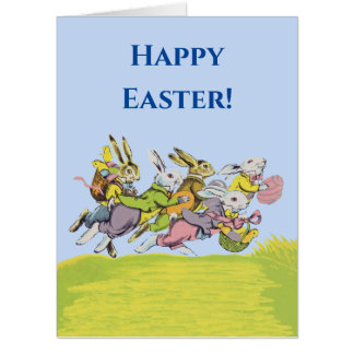Happy Easter Running Bunnies Baskets Colored Eggs Card