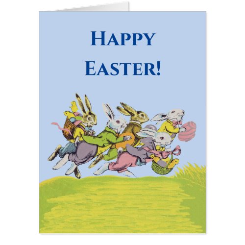 Happy Easter Running Bunnies Baskets Colored Eggs  Card