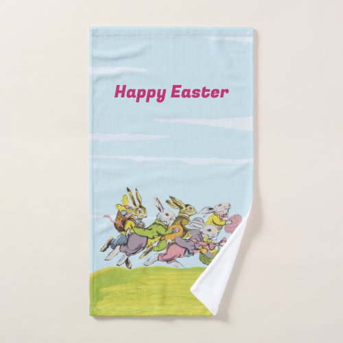 Happy Easter Running Bunnies Baskets Grass Hand Towel