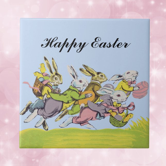 Happy Easter Running Pastel Rabbits Ceramic Tile (Bunch  of bunnies in fancy pastel clothes eggs baskets running on grass on Easter decorative tile.)