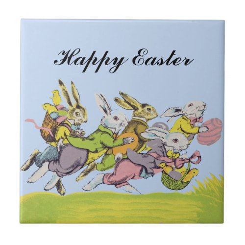 Happy Easter Running Pastel Rabbits Ceramic Tile