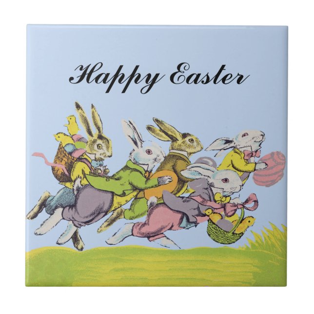 Happy Easter Running Pastel Rabbits Ceramic Tile (Front)
