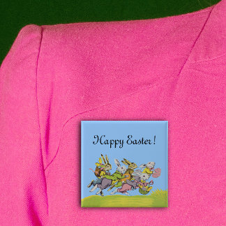 Happy Easter Running Pastel Rabbits Pinback Button