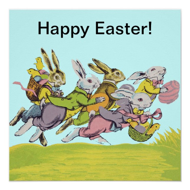 Happy Easter Running Pastel Rabbits Poster (Front)