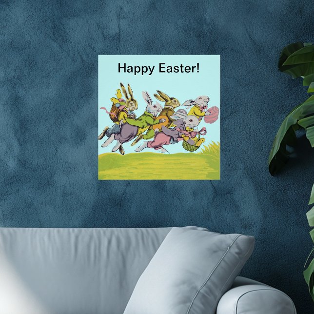 Happy Easter Running Pastel Rabbits Poster (Group Easter Bunnies running in grass with colourful clothing, eggs, baskets blue sky on Wall poster)